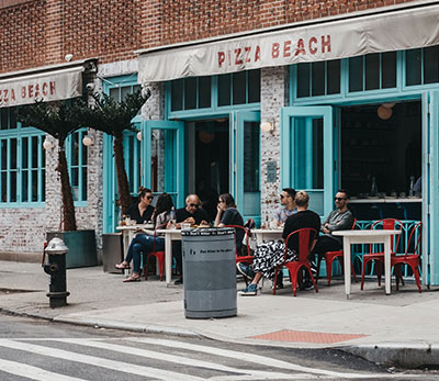 Outside a pizza restaurant